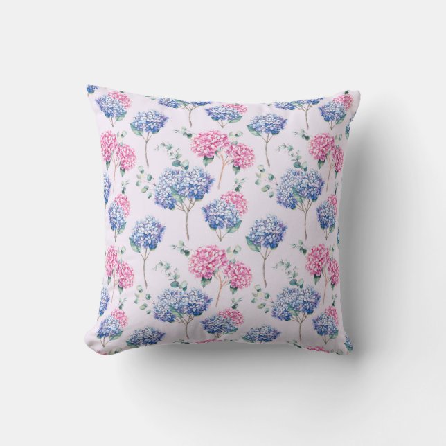 Almofada Aquarela Flores Azuis e Rosas de Hortênsias Padrão (Frente)