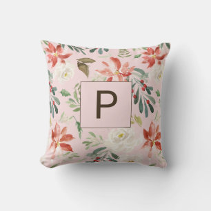 Almofada Aquarela Flores De Inverno Holly Berry Monogramas