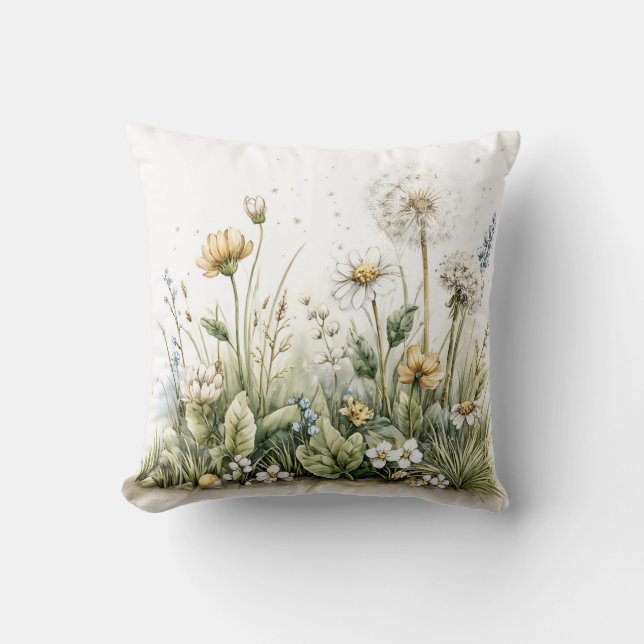 Almofada Aquarela fofa de flores silvestres e gramíneas  (Frente)