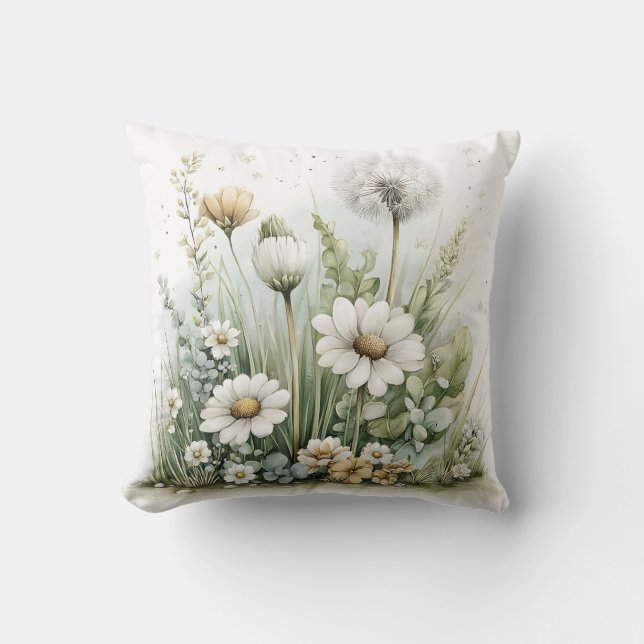 Almofada Aquarela fofa de flores silvestres e gramíneas  (Frente)