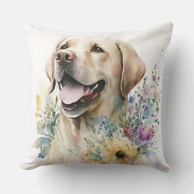 Almofada Aquarela Labrador Retriever Dourado e Flores (Frente)