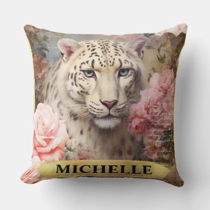 Almofada Aquarela Leopardo Branco Vintage e Rosas Pink