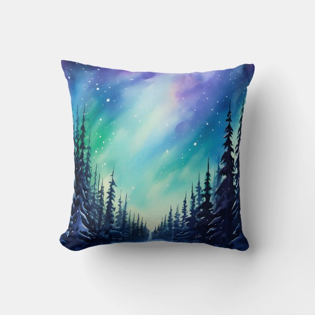 Almofada Aquarela Luzes do Norte aurora boreal (Frente)