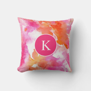 Almofada Aquarela Monograma Rosa Laranja Abstrato