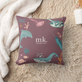 Almofada Aquarela Oceânica Monograma de Animais do Mar Dust
