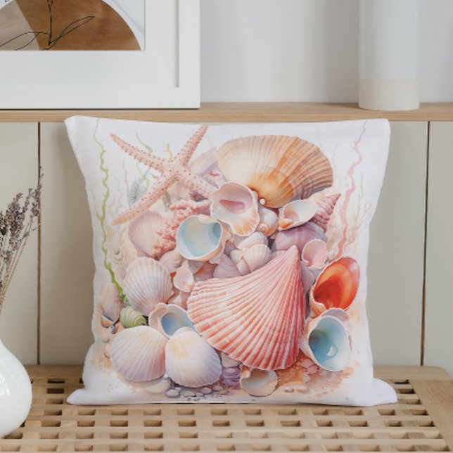 Almofada Aquarela Pastéis Conchas Marinhas (Criador carregado)