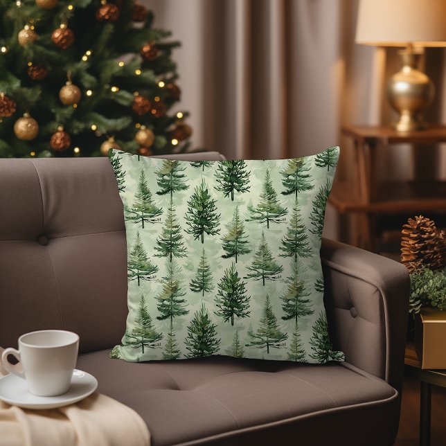 Almofada Aquarela Pinheiros Evergreen Árvores Natal Russo (Watercolor Evergreen Pine Trees Rustic Christmas Throw Pillow)