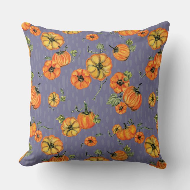 Almofada Aquarela Pintada Abóboras de Outono Laranja/Roxo (Frente)
