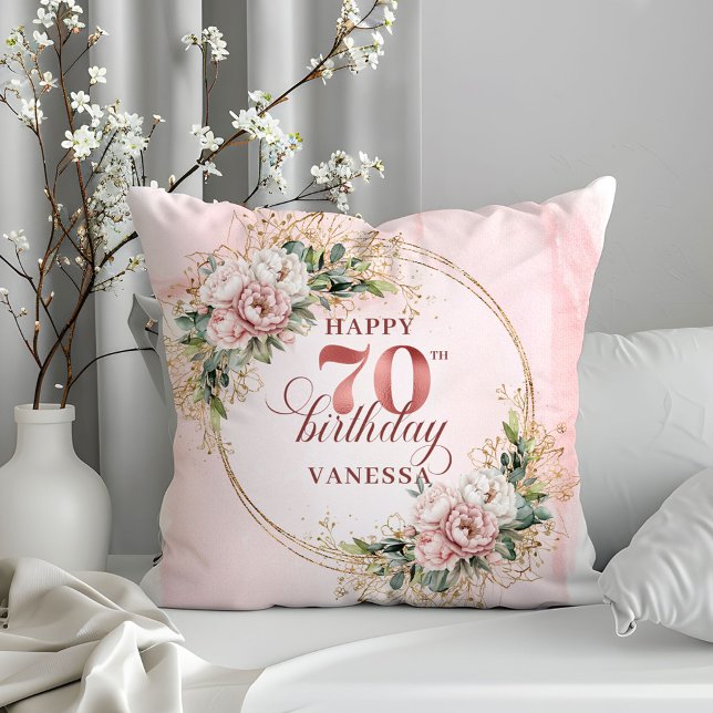 Almofada Aquarela Rosa Floral Dourado Eucalipto Arte 70º (Watercolor Rose Gold Floral Eucalyptus Art 70th birthday pillow

)