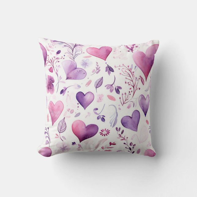 Almofada Aquarela Rosa Pastel e Coração Roxo Estético  (Frente)