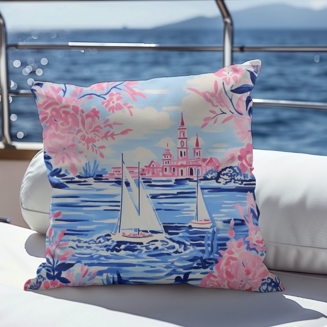 Almofada Aquarela Velhos Barcos de Vela Águas Azuis Floral  (Criador carregado)