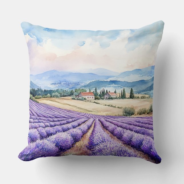 Almofada Aquarelas de belos campos de lavanda (Frente)