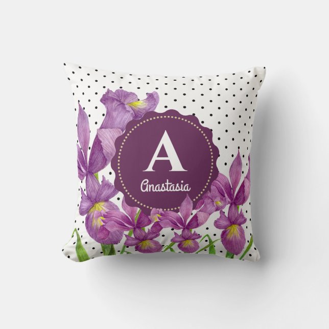 Almofada Aquarelas Purple Iris Bolinhas Pretas (Frente)