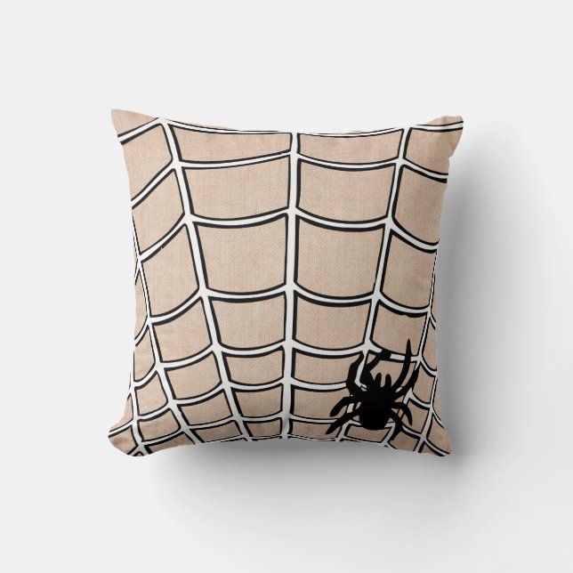 Almofada Aranha Feliz Halloween Divertida com Burlap na Web (Frente)