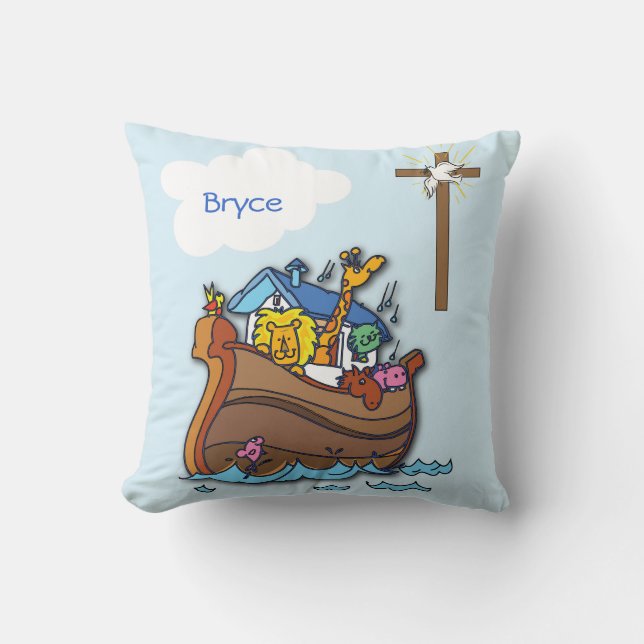 Almofada Arca de Noé Personalizável Batismo de Bebê, Menino (Frente)
