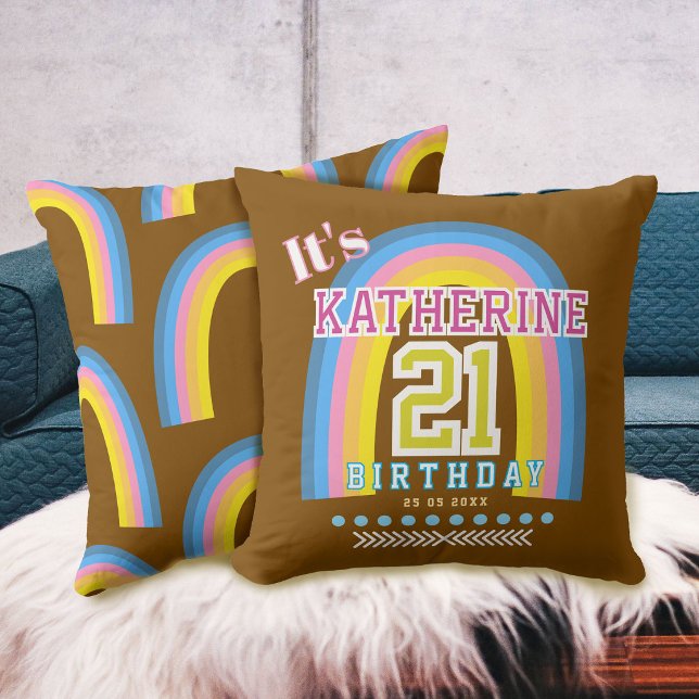 Almofada Arco-íris 21 Aniversário Marrom (Rainbow 21 Birthday Brown Throw Pillow)