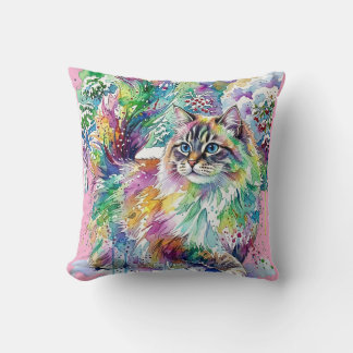 Almofada Arco-íris Caprichoso Gato Fofo de Aquarela no Inve