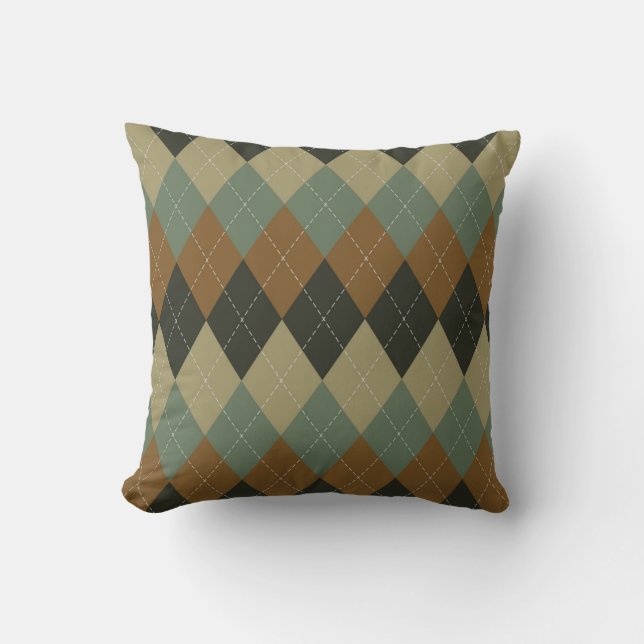Almofada Argyle Autumn: Chic Rhombus Castanho-Verde (Frente)