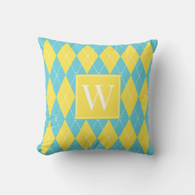 Almofada Argyle Costurado à Mão Préppy – Amarelo e Turquesa (Frente)