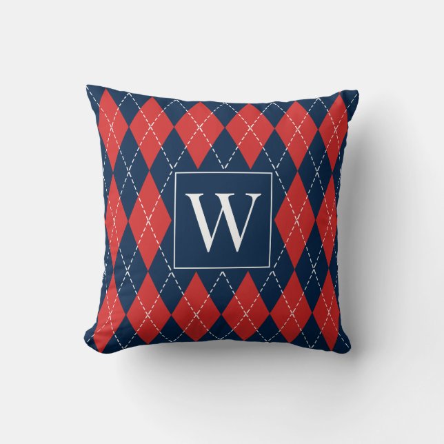 Almofada Argyle Costurado à Mão – Vermelho Branco & Azul Ma (Frente)