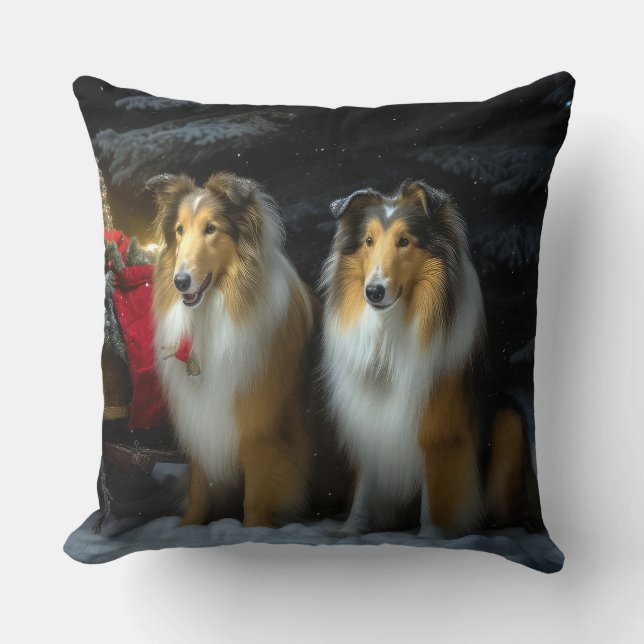 Almofada Arranjo de Natal de Collie Snowy Sleigh (Frente)