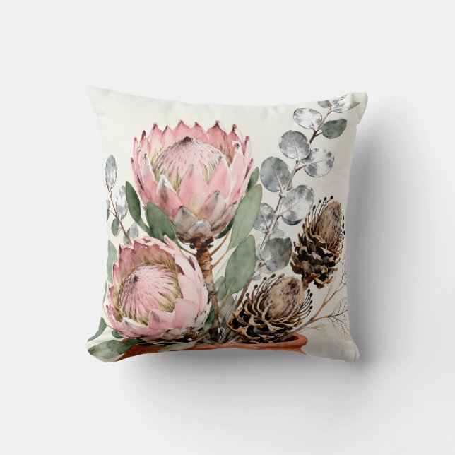 Almofada Arranjo de Protea Eucalipto em Aquarela (Frente)