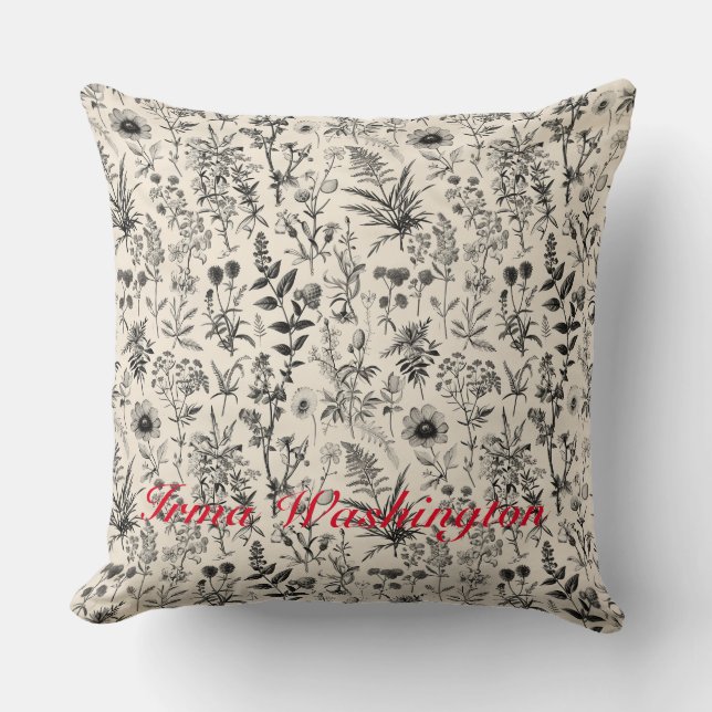 Almofada Arroz branco preto, antigo botânico 3 (Frente)