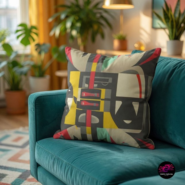 Almofada Art Deco Encontra o Modernismo de Meados do Século (Mid-Century Modern color meets bold Art Deco geometry in one striking accent pillow.)