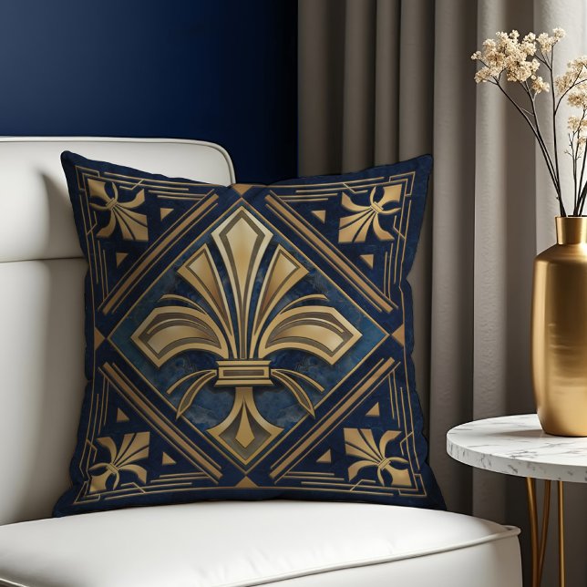 Almofada Art Deco Fleur-de-lis Blue e gold (Criador carregado)