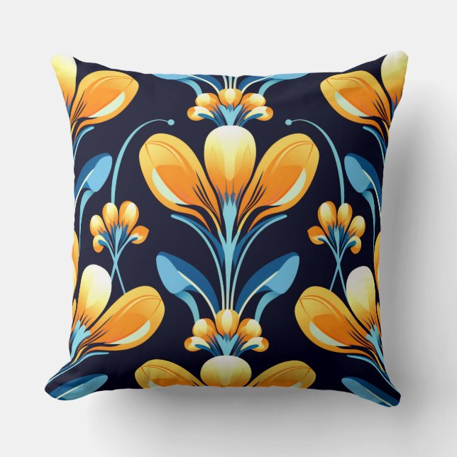Almofada Art Deco - flores laranja azuis (Frente)