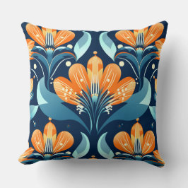 Almofada Art Deco - flores laranja azuis
