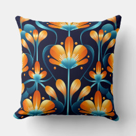 Almofada Art Deco - flores laranja azuis