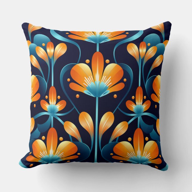 Almofada Art Deco - flores laranja azuis (Frente)