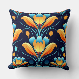 Almofada Art Deco - flores laranja azuis