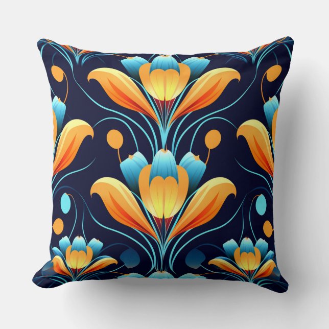 Almofada Art Deco - flores laranja azuis (Frente)