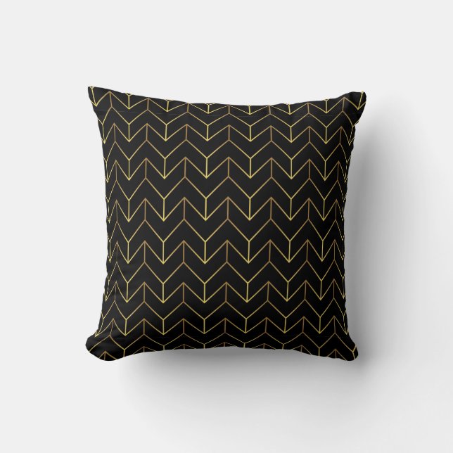 Almofada Art Deco Herringbone Dourado Padrão Preto (Frente)