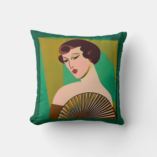 Almofada Art Deco Modern Lady with a Fan (Frente)