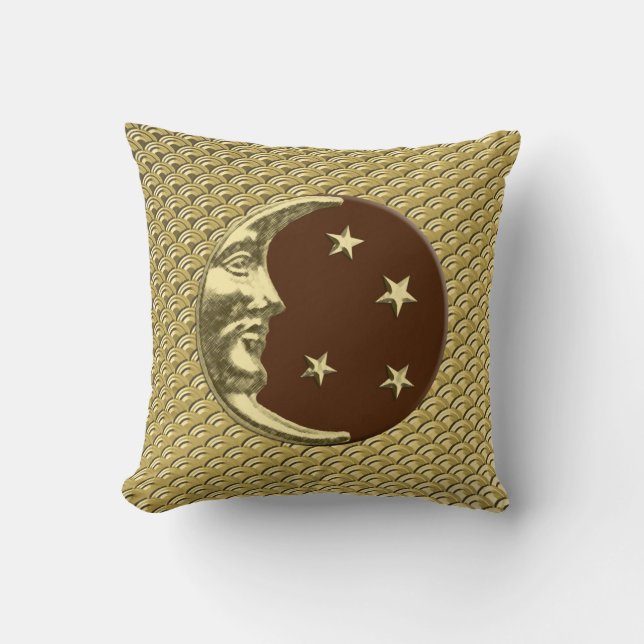 Almofada Art Deco Moon e estrelas - Chocolate Castanho e Do (Frente)