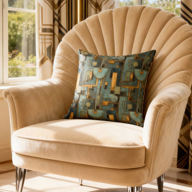 Almofada Art Deco Teal Gold Geometric Pattern (Criador carregado)