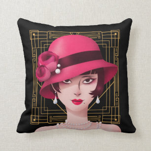 Almofada Art Deco Vintage 1920 Lady Frame Dourado Preto