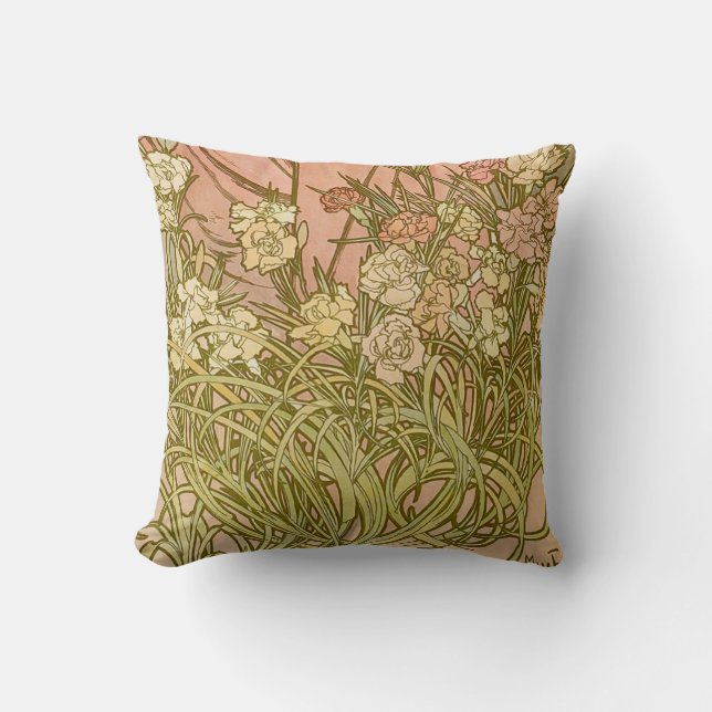 Almofada Art Nouveau Alfonse Mucha Flores de cravo florais (Frente)