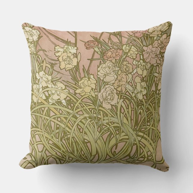 Almofada Art Nouveau Alfonse Mucha Flores de cravo florais (Frente)