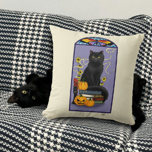 Almofada Art Nouveau Gato Preto Abóbora Roxo Outono Amarelo