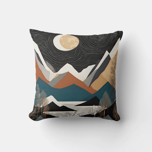 Almofada Art Nouveau Lua Sobre Montanhas Preto e Dourado (Frente)