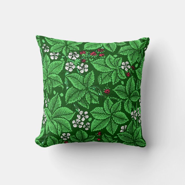 Almofada Art Nouveau Morangos e Folhas, Emerald Green (Frente)