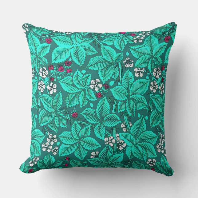 Almofada Art Nouveau Morangos e Folhas, Turquesa (Frente)