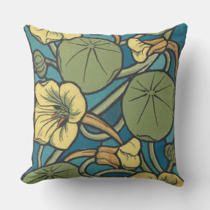 Almofada Art Nouveau Nasturtium Azul Dourado floral Verneui