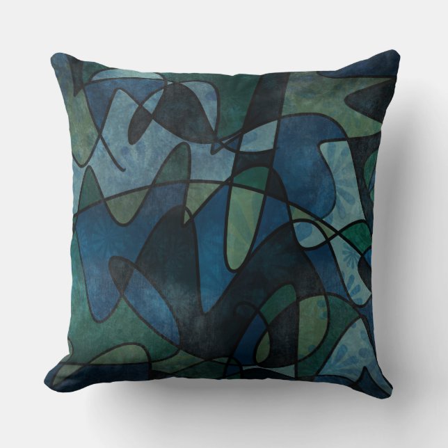 Almofada Arte Abstrata em Vidro Pintado Digital Azul Verde  (Frente)