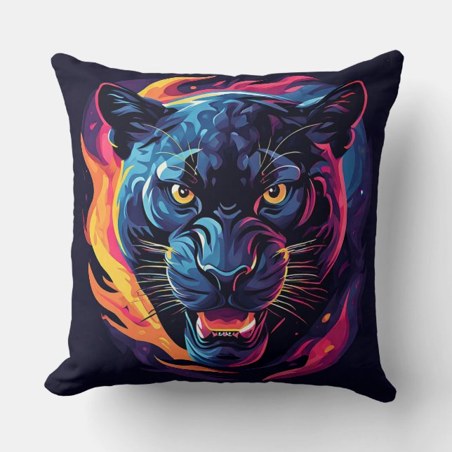 Almofada Arte Agressiva de Pantera em Cores Neon (Frente)