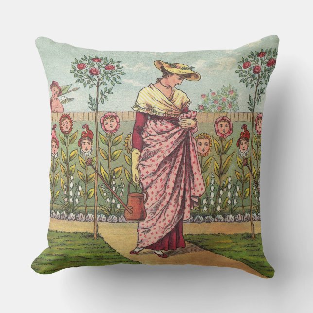 Almofada Arte Antigo Jardim Crescer Flor Mulher (Frente)